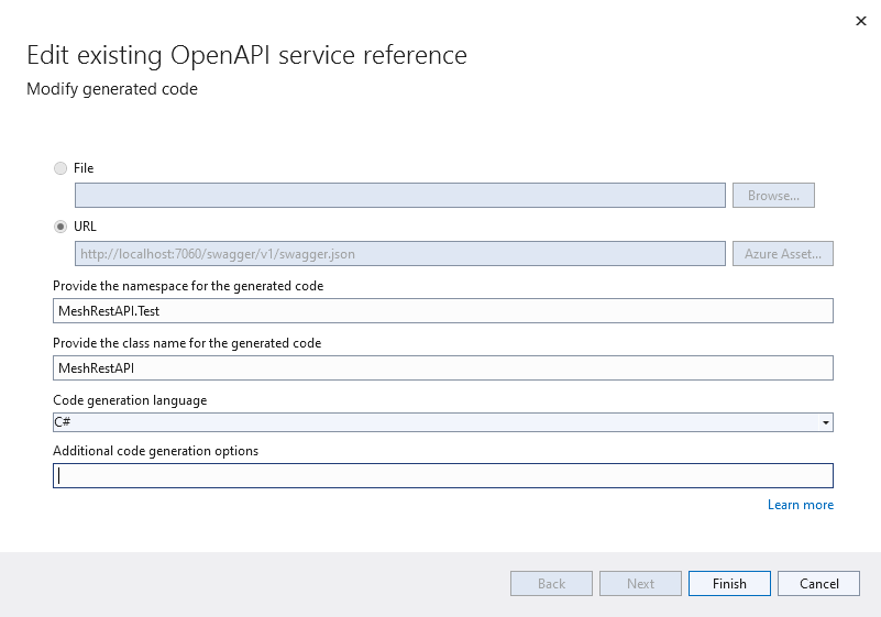 Configure API code creation