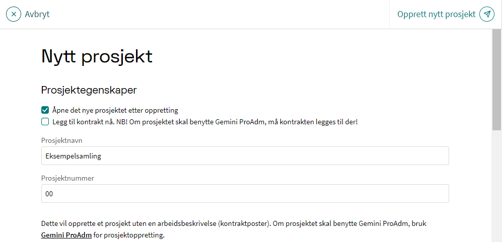 Opprette nytt prosjekt i Gemini Connected