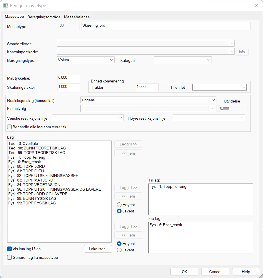 Dialog for definisjon av massetype