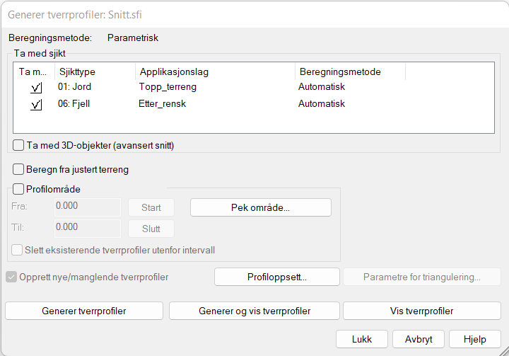 Dialog for generering av tverrprofiler