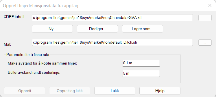 Dialog for opprettelse av linjedefinisjonsdata