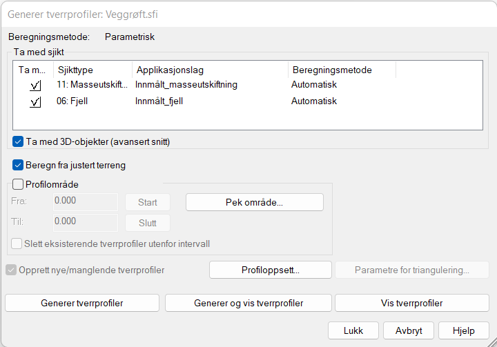 Dialog for generering av tverrprofiler