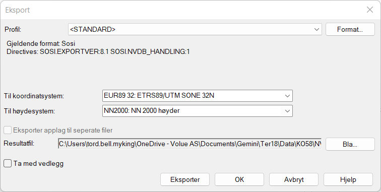 Dialog for eksport til SOSI