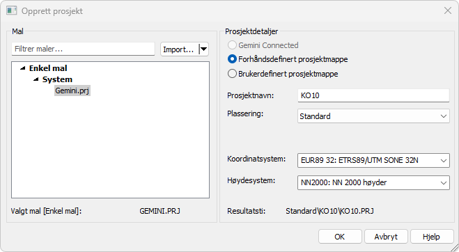 Dialog for nytt prosjekt