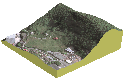 Ortofoto drapert på terrengmodell i 3D