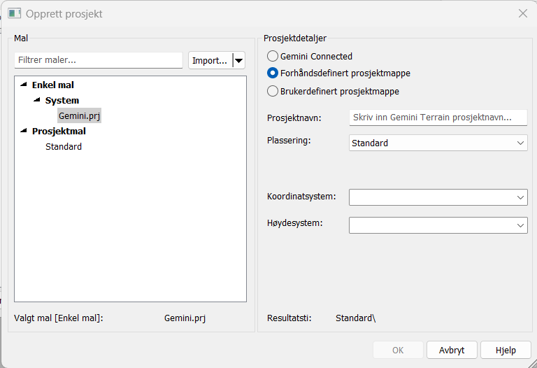 Dialogboks for nytt prosjekt